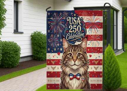 250 Years Maine Coons Cats Front Yard Backyard Burlap Garden Flags 12x18 Double Sided for Outside, 4th of July Patriotic Pattern Small Lawn Flags, American Home Outdoor House Flags