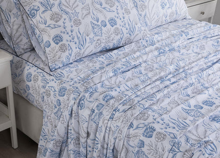 FADFAY Ocean Sheets Set Twin 100% Cotton, 4 Piece Coastal Bedding Set, Cooling & Crisp Summer Bedding, Navy Blue Nautical Seaweed Seashell Print, Soft & Breathable Deep Pocket Fitted Sheet, Twin Size