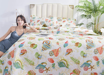 Quilt Set King Size Beach Bedding King Bedspread Coverlet Coastal Ocean Quilt Summer Lightweight Bedspread Beach Quilt Bed Spread Starfish Conch Decor Soft Home Reversible Bedding