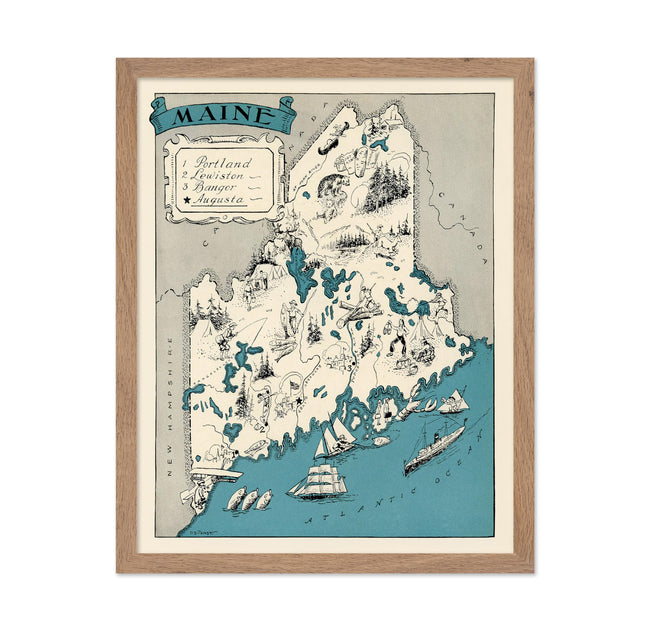 Poster Master Vintage Poster - Retro Maine Print - Maine State Art - Gift for Teacher, Student, Travel Lover - Wall Decoration for Classroom, Office, Dorm, 11x14 Beige Framed