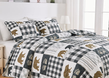 Market & Place 3 Piece Reversible Quilt Set with Shams | Cabin Comforter Bedspread Queen | Rustic Lodge Buffalo Check Design | Cedar Creek Collection (Full/Queen, Green/Taupe)