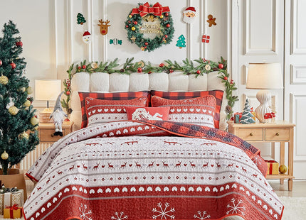 Christmas Quilt Set King Size 101x88 - White Stripes Red Deer Snowflake Cubes Gray Heart with Red Plaid - Xmas New Year Gingham Style Microfiber Winter Bedding Coverlet Thanksgiving Holiday Bedspread