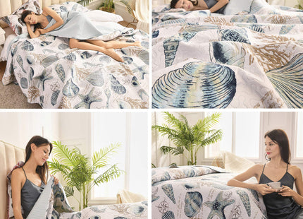 3 Pieces Beach Shell Bedspread Queen Size Ocean Theme Seashell Conch Summer Quilt Lightweight Thin Reversible Conch Shell Hippocampus Starfish Coral Printed Coverlet Set Coastal Bedding-Blue White