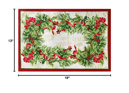 Newbridge Christmas Holly Ribbon Traditions Bordered Set of 4 Fabric Placemats, Boughs of Holly and Berry Ribbon Garland Dining Placemats for Holiday Party