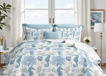 Nautical Queen Quilt Set, Coastal Seahorse Bedding, 3 Piece, 90"x96"