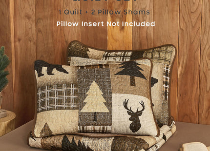 Wake In Cloud - Rustic Quilt Set, Cabin Country Christmas Bear Deer Wildlife Plaid Lodge Western Theme, Reversible Lightweight Bedspread Coverlet, 3 Pieces, Taupe Brown, Queen/Full Size