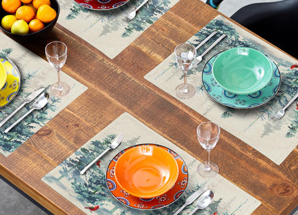Winter Forest Tree Placemats Set of 4，Pine Tree Christmas Red Bird Heat Resistant Non Slip Place Mats Cotton Linen Tablemats for Dining Table Kitchen Decor 18 x 12 Inch