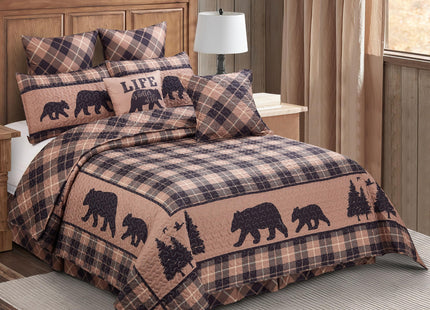 Virah Bella 3-Piece Full Queen Cabin Life Quilt Bedding Set - Rustic Black Bear Country Plaid Reversible Coverlet with 2 Decorative Standard Shams - Lightweight Soft Microfiber Bedspread, Brown