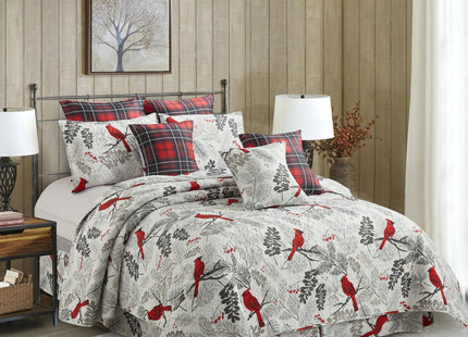Virah Bella Cardinals 3-Piece Full/Queen Quilt Set - Red Cardinal Bird & Winter Berries Patchwork Bedspread Coverlet - Lightweight All-Season Rustic Lodge Bedding with 2 Standard Shams, 90" x 90"