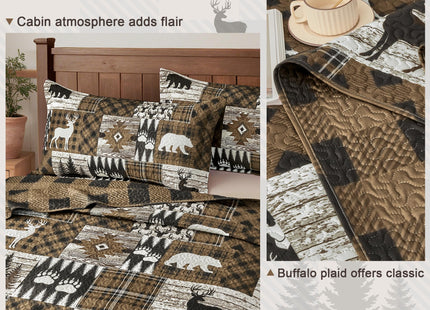 3 Piece Cabin King Size Quilt Sets Farmhouse Rustic Reversible Microfiber Soft Lightweight Bedspread Comforter with 2 Shams Patchwork Country Lodge Bedding Quilts Set for All Season, 106''x96'', Brown