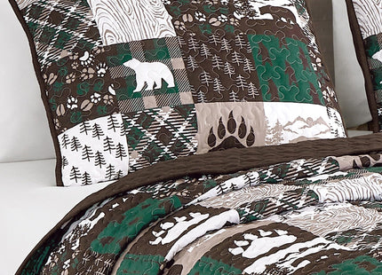 3 Pcs Rustic Cabin Quilt Set Bear Paw Patchwork Lodge Bedding, Brown, Queen
