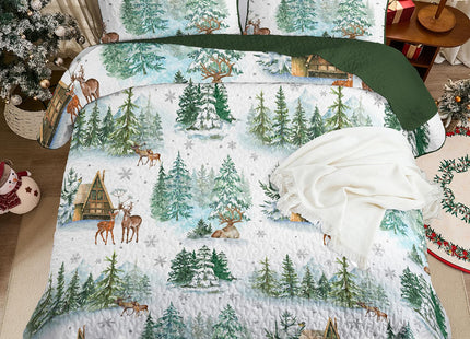 Dobuyly Christmas Quilt Set Queen Size, Forest Green Pine Cabin Bedspreads