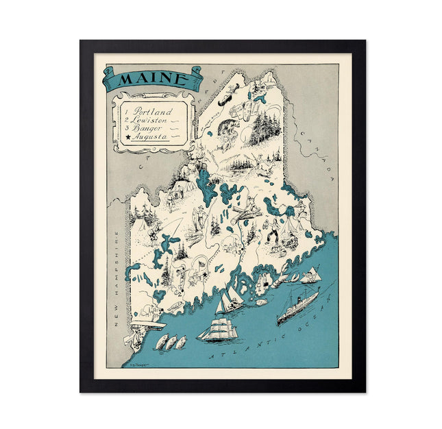 Poster Master Vintage Maine State Print - Retro Map Poster - Educational Art - Gift for Teacher, Student, Travel Lover - Wall Decoration for Classroom, Office, Dorm - 11x14 Black Framed
