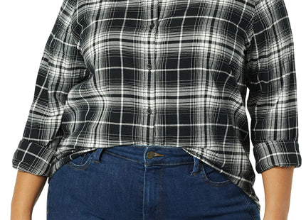Amazon Essentials Women's Regular-Fit Long-Sleeve Lightweight Plaid Flannel Shirt with Brushed Finish, Shirttail Hem, Black White Large Plaid, Large