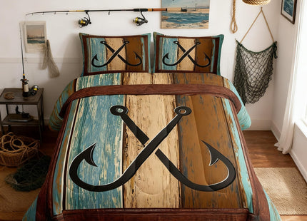Manfei Lake House Kids Comforter Set Twin Size,Fish Hook Anchor Fishing Nautical Bedding Set,Girls Boys Adults Room Decor,Old Wooden Board Cabin Down Comforter,Rustic Retro Duvet Insert,1 Pillowcase