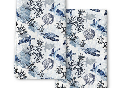 Pintukee Sea Turtle Corals Coastal Kitchen Towels 16"x24" Blue Teal Nautical Hand Towels for Kitchen Bathroom Bar Absorbent Dish Cloths Summer Beach Ocean Themed Decor, Set of 2