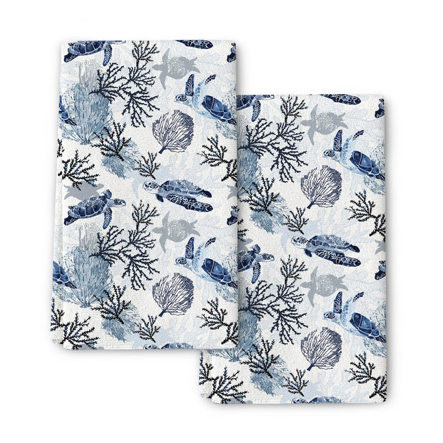 Pintukee Sea Turtle Corals Coastal Kitchen Towels 16"x24" Blue Teal Nautical Hand Towels for Kitchen Bathroom Bar Absorbent Dish Cloths Summer Beach Ocean Themed Decor, Set of 2