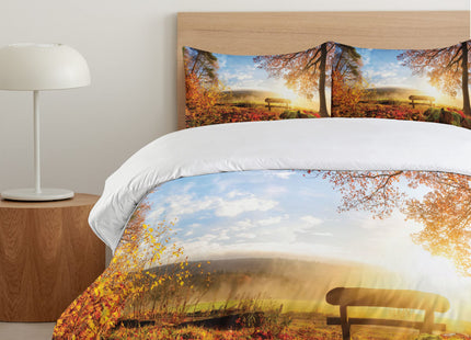 Ambesonne Forest Duvet Cover Set, Autumn Landscape The Sun Warmly on a Bench Under Tree Scene Holiday, Decorative 3 Piece Bedding Set with 2 Pillow Shams, King Size, Orange Blue