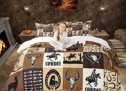 Western Cowboy Duvet Cover Queen Size,Deer Cow Arrow Comforter Cover with 2 Pillowcase for Teens,Kids Country Style Bedding Set,Brown Geometric Grid Breathable 3 Pcs Decorative Bed Cover(No Comforter)