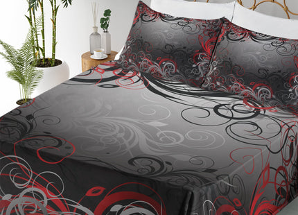 Lunarable Abstract Sheet Set, Mystic Forest Floral Swirls Leaves Nature Fading Ombre Effect, Fitted and Flat Sheet with Pillowcases Bedding Accent 4 Piece Set, King, Charcoal Grey Ruby