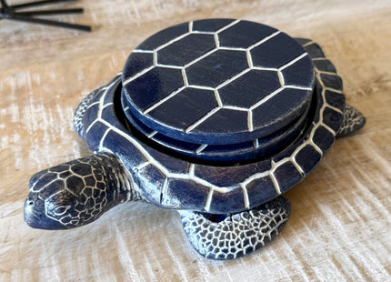 Sea Turtle Coaster Set - Coastal Ocean Beach Decor - Rustic Nautical Navy Blue and White Finish