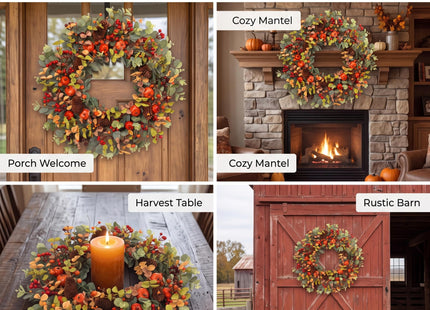 Pudate Fall Wreath 22 Inch Eucalyptus Pinecone Pumpkin Front Door Décor