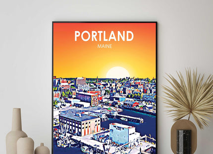 Portland Maine Art Poster Print, Portland Sunset Landscape Scenery Skyline of City, Abstract City Decoration for Bedroom and Living Room. (Portland Maine, 24x36 inches (Unframed))