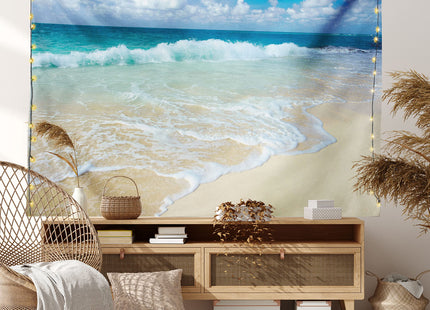 Lunarable Wave Tapestry Twin Size, Beach Foamy Waves on Empty Sea Shore Holiday Theme Serene Coastal, Wall Hanging Bedspread Bed Cover Wall Decor, Twin Size, Sand Blue, 68" Width x 88" Length