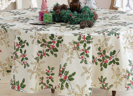 Newbridge Christmas Ivory Golden Holly 60x84” Oval Vinyl Tablecloth