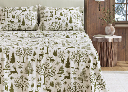 Great Bay Home Flannel Sheet Set Queen Size - 100% Turkish Cotton, Double-Brushed, Lodge-Printed Bed Sheets - Ultra-Soft, Cozy, 4-Piece Bedding Set (Olive Branch Enchanted Woods)
