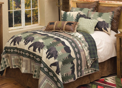 BLACK FOREST DECOR Black Bear Log Cabin Quilt Bed Set - Queen 90" Wx90 L