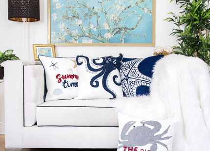 Homey COZY Embroidery White Velvet Crab Throw Pillow Cover,Ocean Blue Series The Big Crab Nautical Decorative Pillow Case Coastal Beach Theme Home Decor 20x20,Cover Only