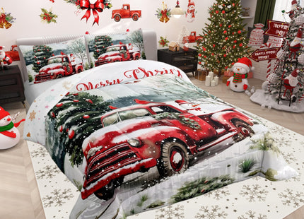 Castle Fairy Merry Christmas Toddler Bedding Set for Kids,Farmhouse Red Truck Snowman Comforter Bed Set,Winter Pine Tree Quilt Set for Child Bedroom 2 PCS,Red Birds Plants Duvet Insert,1 Pillow Case