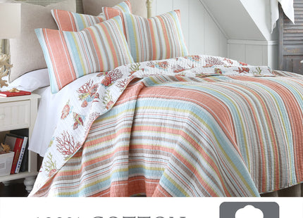 Levtex Home Brighton Coral Twin Cotton Quilt Set Stripe Coastal
