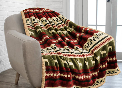PAVILIA Premium Christmas Sherpa Throw Blanket, Green Red Cabin Design with Reindeer Print, Ultra Soft Reversible Fleece & Sherpa 50x60 Cozy Winter Blanket, Cozy Christmas & Holiday Decor