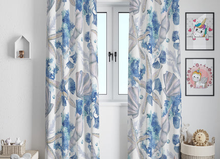Llylumty Coastal Beach Curtains,Watercolor Ocean Seaweed Seashells Blue Shell Blackout Grommet Window Drapes for Bedroom Living Room 42x84in,2 Panel Set