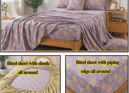 FADFAY Beach Theme Sheets Set King Purple Yellow Starfish Ocean Bedding Coastal Nautical Bedding Super Soft Washed Double -Layer Muslin Sheets 100% Cotton Deep Pocket Fitted Sheet 4Pcs, King Size