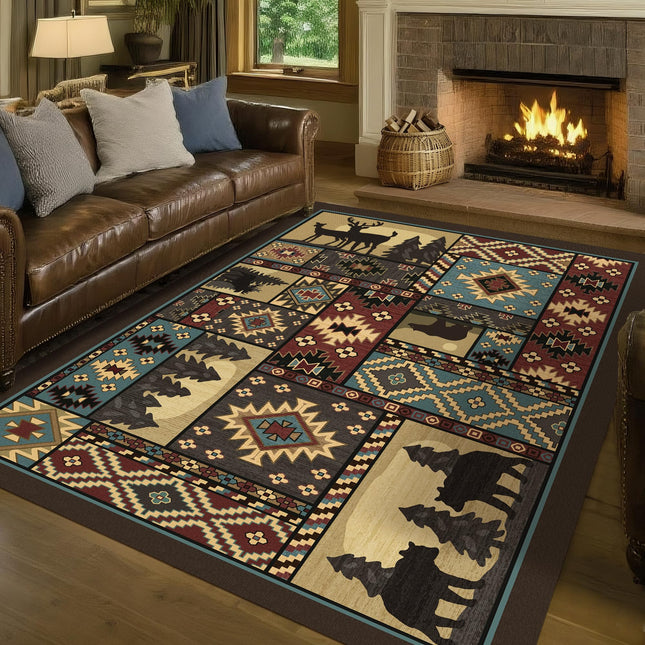 KINOGIC Rustic Cabin Area Rug 5x7, Southwestern Decor, Brown Washable Rug