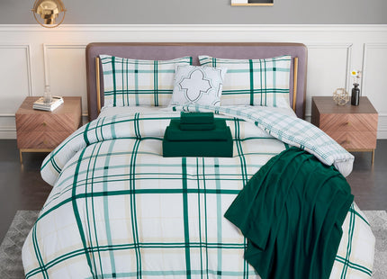 Elegant Comfort Silky Soft 8-Piece Plaid Lodge Bed-in-a-Bag Comforter Set, Includes 4pc Smart Sheet Set, Comforter, Decorative Pillow, Matching Pillowcases and Shams - Twin/Twin XL, Emerald Green