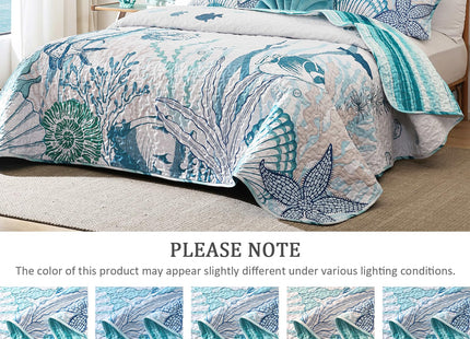 Djoymock Ocean Quilt Set Queen Size Coastal Beach Theme Bedding Lightweight Starfish Seashell Conch Bedspread Coverlet Seaweed Coral Bed Cover with 2 Pillow Shams All Season 90"x90"