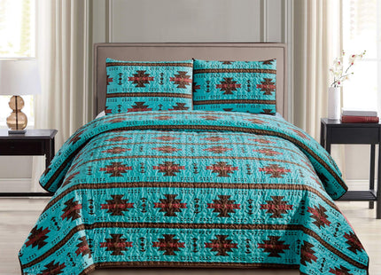 JABA USA Southwest Teal/Burgundy/Brown Print Bedspread 3 Piece Navajo/Native American Design Microfiber Cabin Lodge Quilt Set- Size Southwestern Bedding