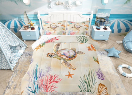 Erosebridal Kids Turtle Comforter Set Twin Size, Reptile Tortoise Bedding Set for Boys Girls Women Men Bedroom, Underwater World Sea Animal Down Comforter, Lovely Starfish Quilt with 1 Pillowcase