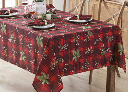 Newbridge Christmas Red Spruce Plaid 60 x 102 Inch Rectangle Fabric Tablecloth – Holly, Pinecones & Evergreen Winter Print, Soil Resistant No-Iron Holiday Dining Table Cover