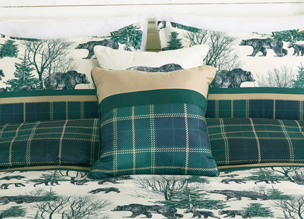 Chezmoi Collection Basin 7-Piece Northwest Cabin Lodge Comforter Set - Blue Green Ivory Tan Grizzly Bear Pine Tree Wilderness Printed Microfiber Bedding, Full