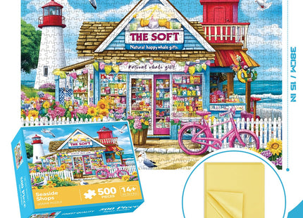500 Piece Jigsaw Puzzle for Adults – Peel & Stick Puzzle Saver Sheets Included, Coastal Lighthouse Shop Scene, Relaxing Nature Puzzle for Beginners & Adults, Home Decor, 20.5 x 15 in
