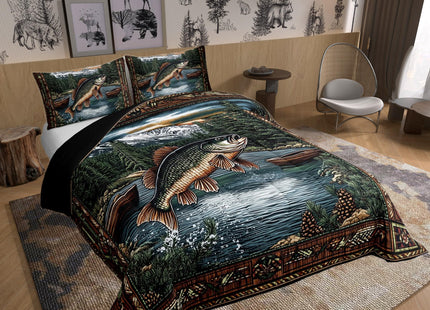 Castle Fairy Fishing and Hunting Comforter Set King Size,Pike Fish Bass Big Fish Down Alternative Adults Bedroom Decor,Lake House Ultra Soft Microfiber Inner Fill 3 Pcs Bedding