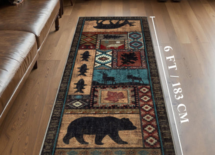 Hallway Runner Rug 2x6 Indoor Door Mat - Bear Rustic Cabin Non-Slip Entryway Rug, Low Pile Tribal Print for Kitchen, Bedroom