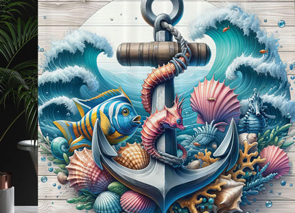 Ambesonne Nautical Shower Curtain, Waves Underwater Scene with Corals Fish and Seashells Around an Anchor, Cloth Fabric Bathroom Decor Set with Hooks, 69" W x 84" L, Teal Pink and Coconut