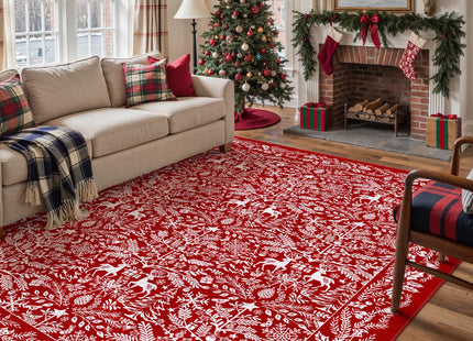 PureCozy Christmas Area Rug 8x10 Machine Washable Xmas Snowflake Holiday Decor Living Room Rugs Low Pile Carpet Indoor Doormat Red Non-Slip Christmas Deer Carpet for Bedroom Kitchen Dining Bathroom