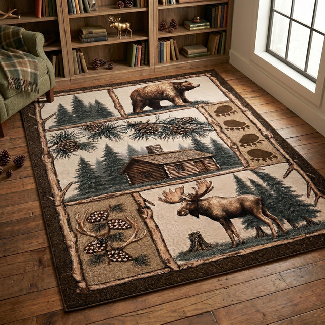 Bear Moose Cabin Area Rug, 5x8 ft, Rustic Wildlife Hunting Lodge Decor Rugs, Woodland Forest Animal Carpet for Living Room, Bedroom, Cabin, Lodge & Man Cave